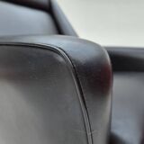 1970s, Danish highback armchair, black artificial leather, teak wood legs.