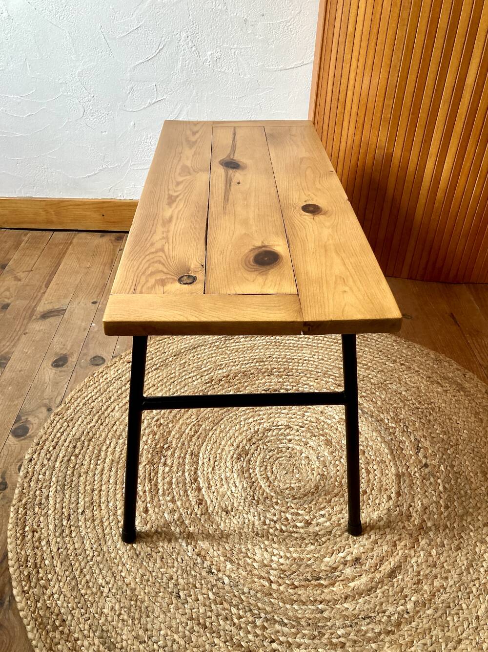Coffee table with a pine top, tubular metal base, 1950s.