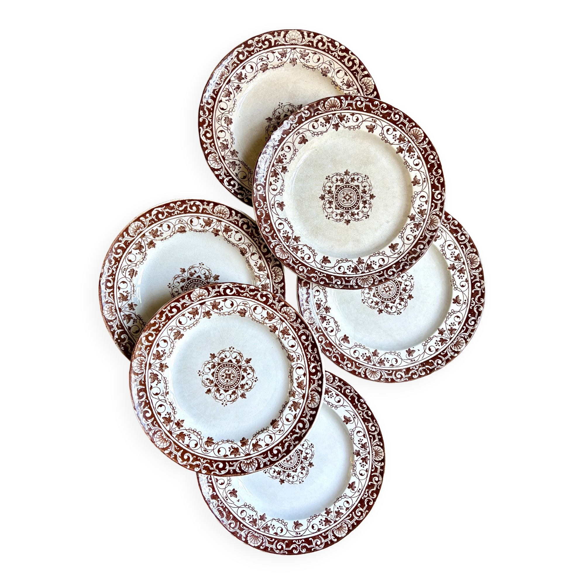 6 Jules Vieillard dessert plates in iron earth, "Louis XV" service