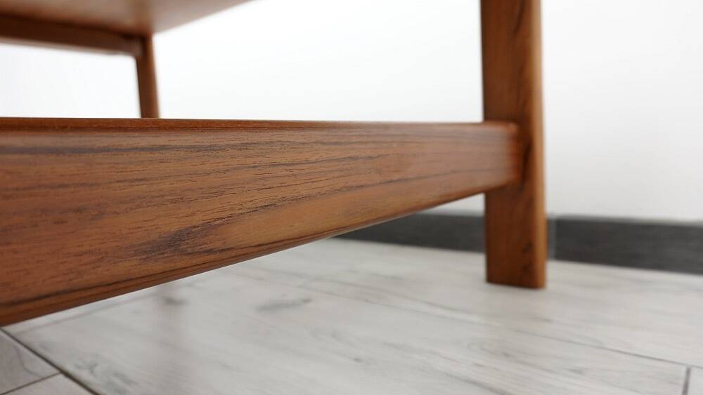 Elegant bench in vintage solid teak wood. after professional renovation.