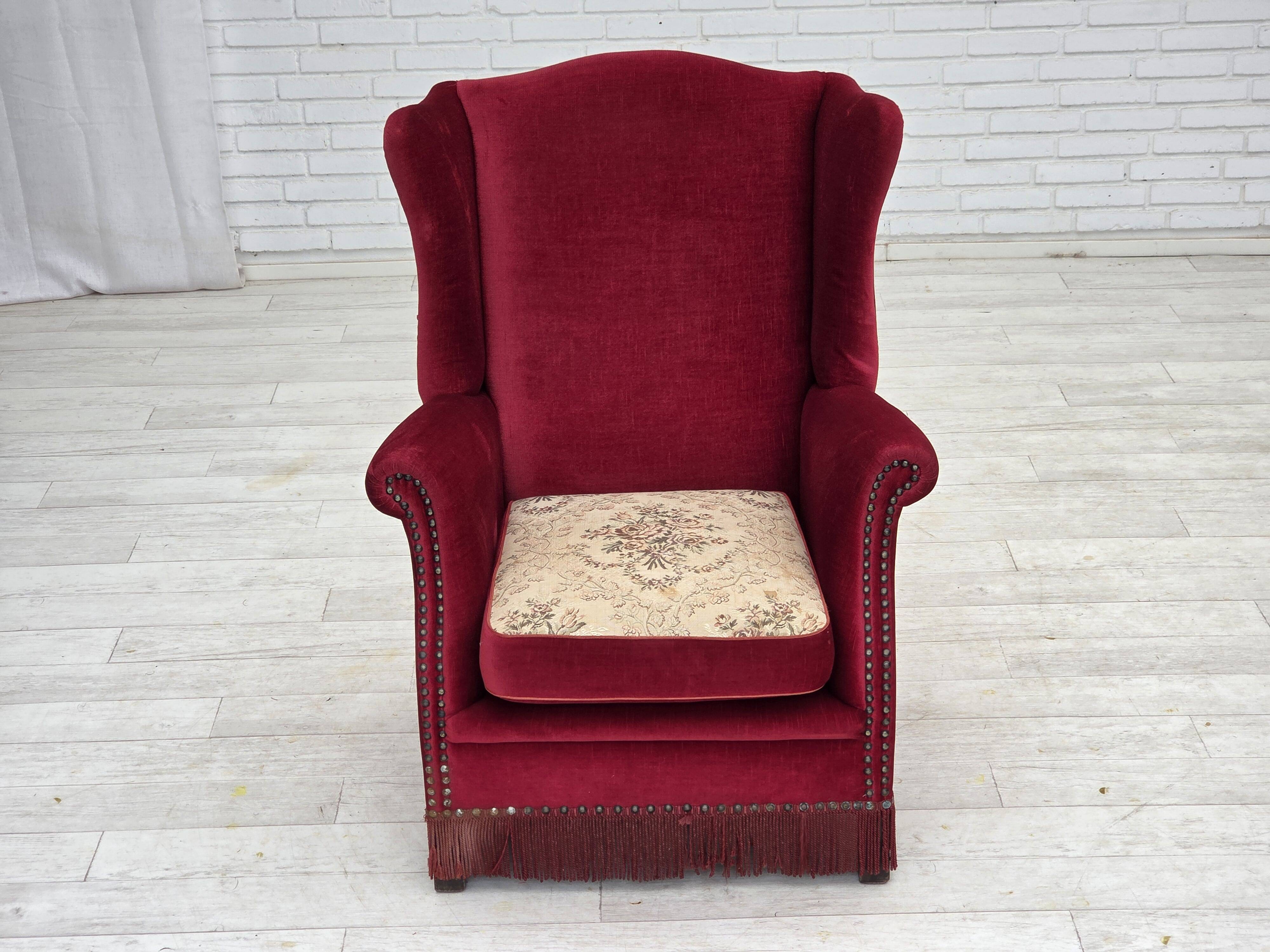 1970s, Danish highback armchair, red furniture velour, ash wood.