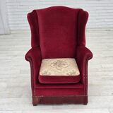 1970s, Danish highback armchair, red furniture velour, ash wood.