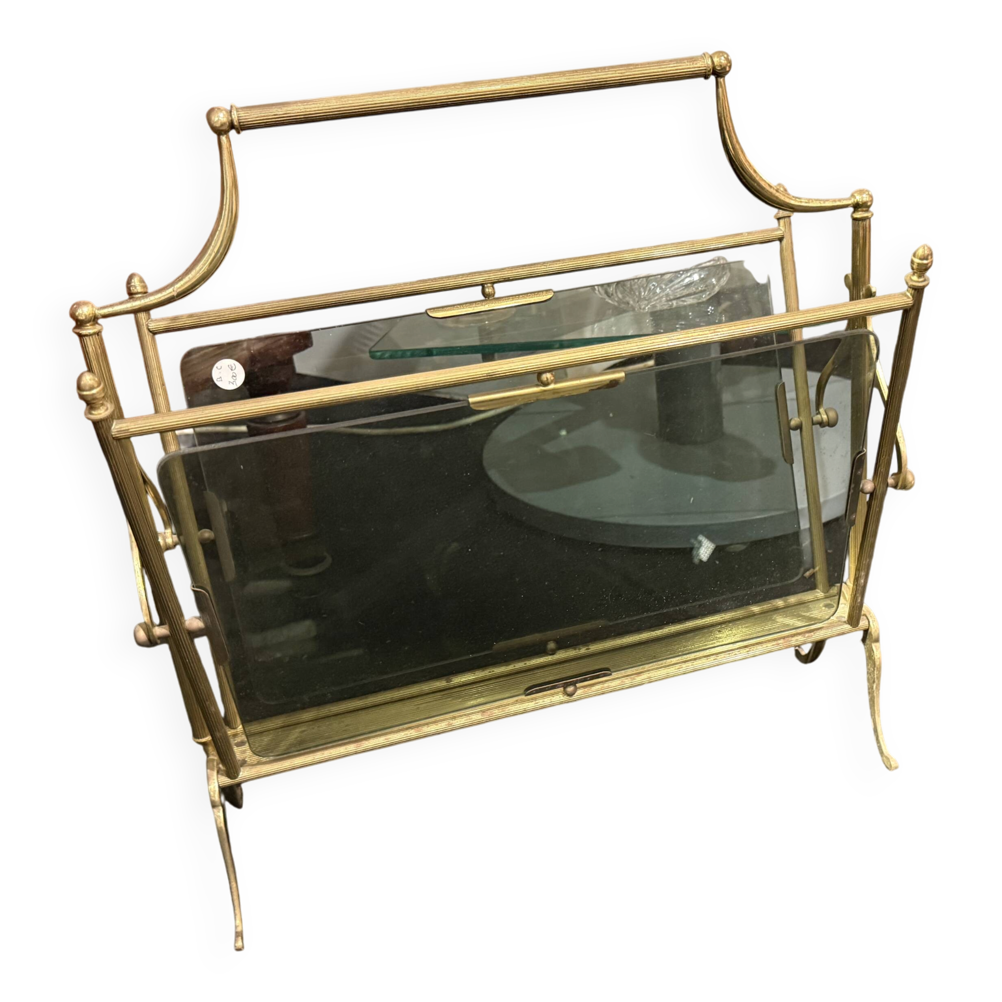 Tinted glass and brass magazine rack