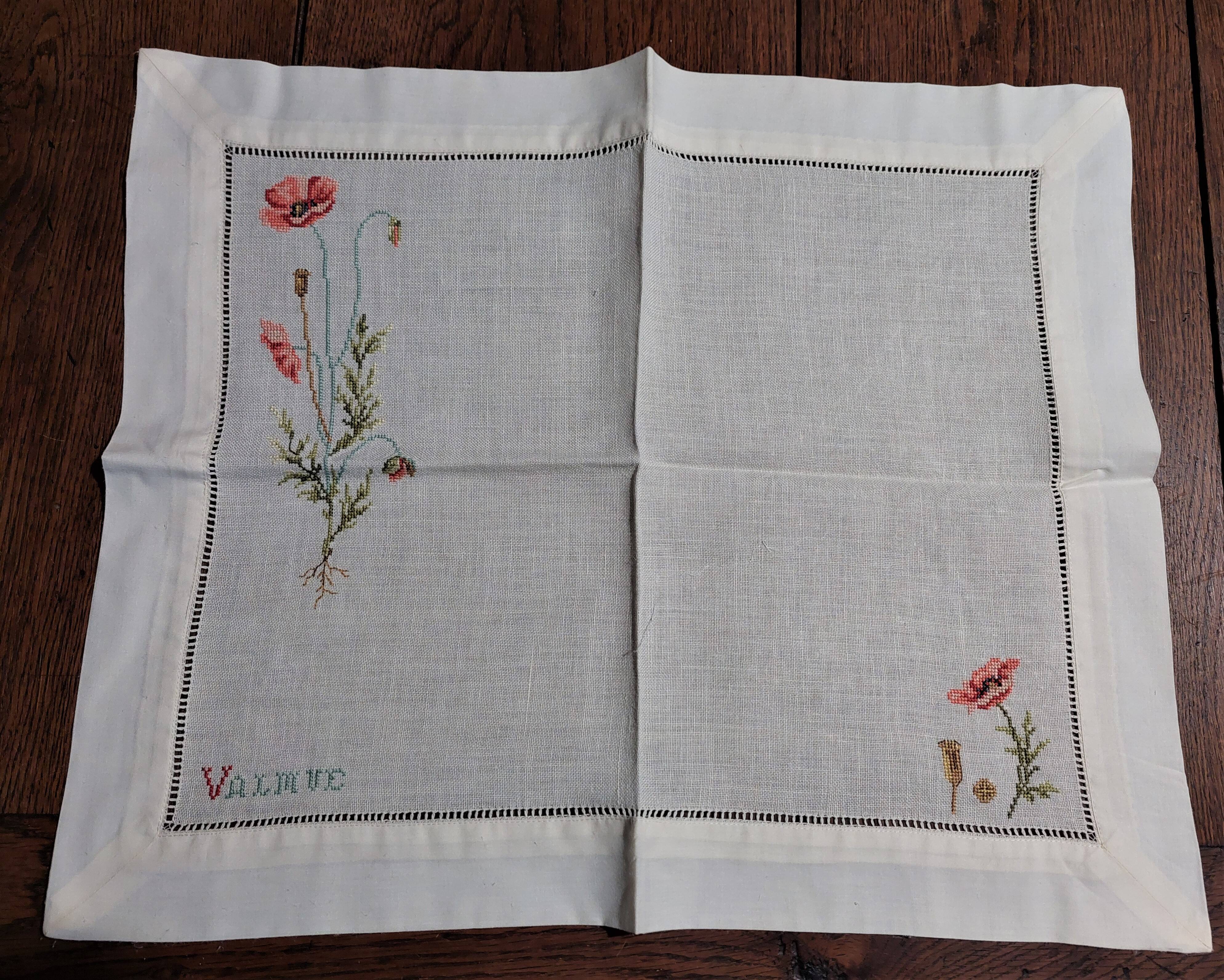 Embroidered placemats in vintage linen field flowers series of seven