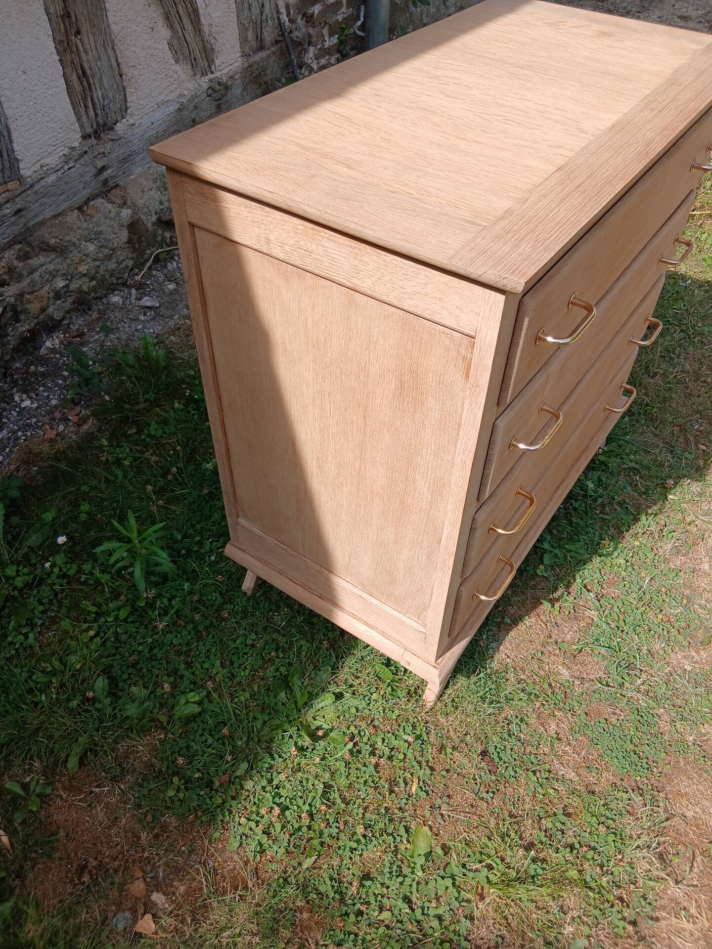 Commode 4 tiroirs pieds compas chêne bois brut