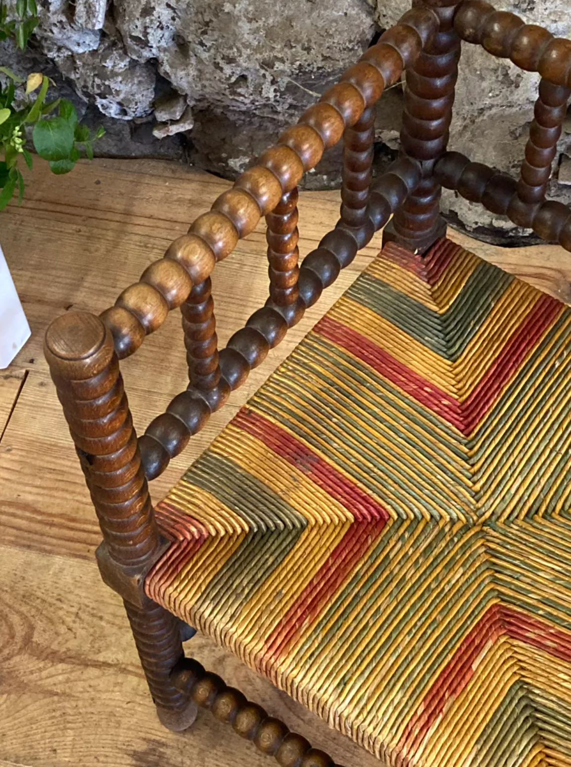 Pair of corner armchairs paillés in turned wood antique multicolored seat