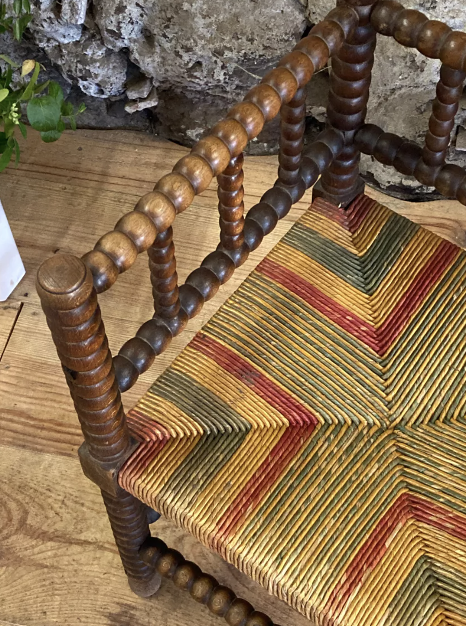 Pair of corner armchairs paillés in turned wood antique multicolored seat