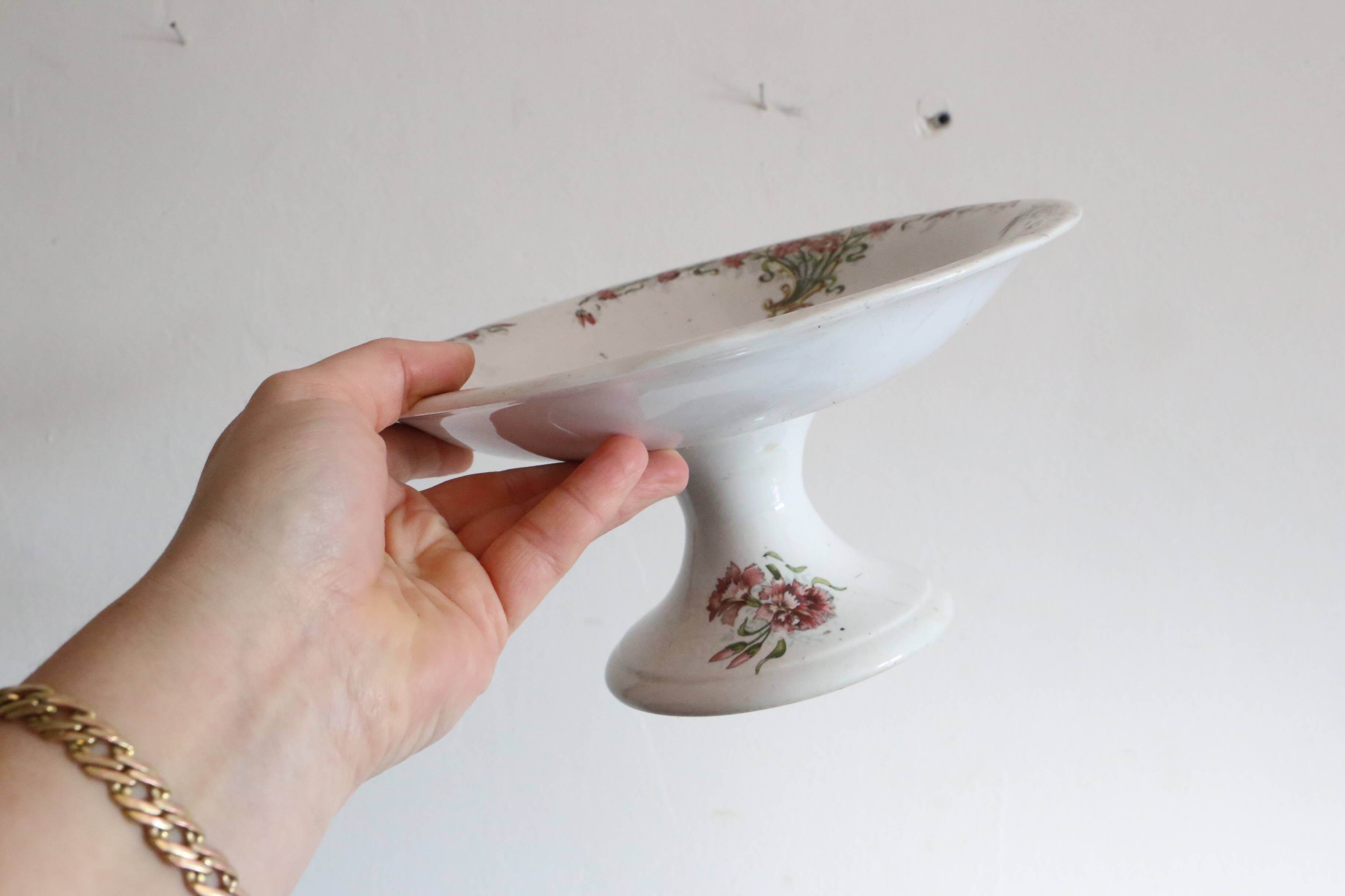 Antique dish, polychrome ironstone compote dish, “Guirlandes” model from the