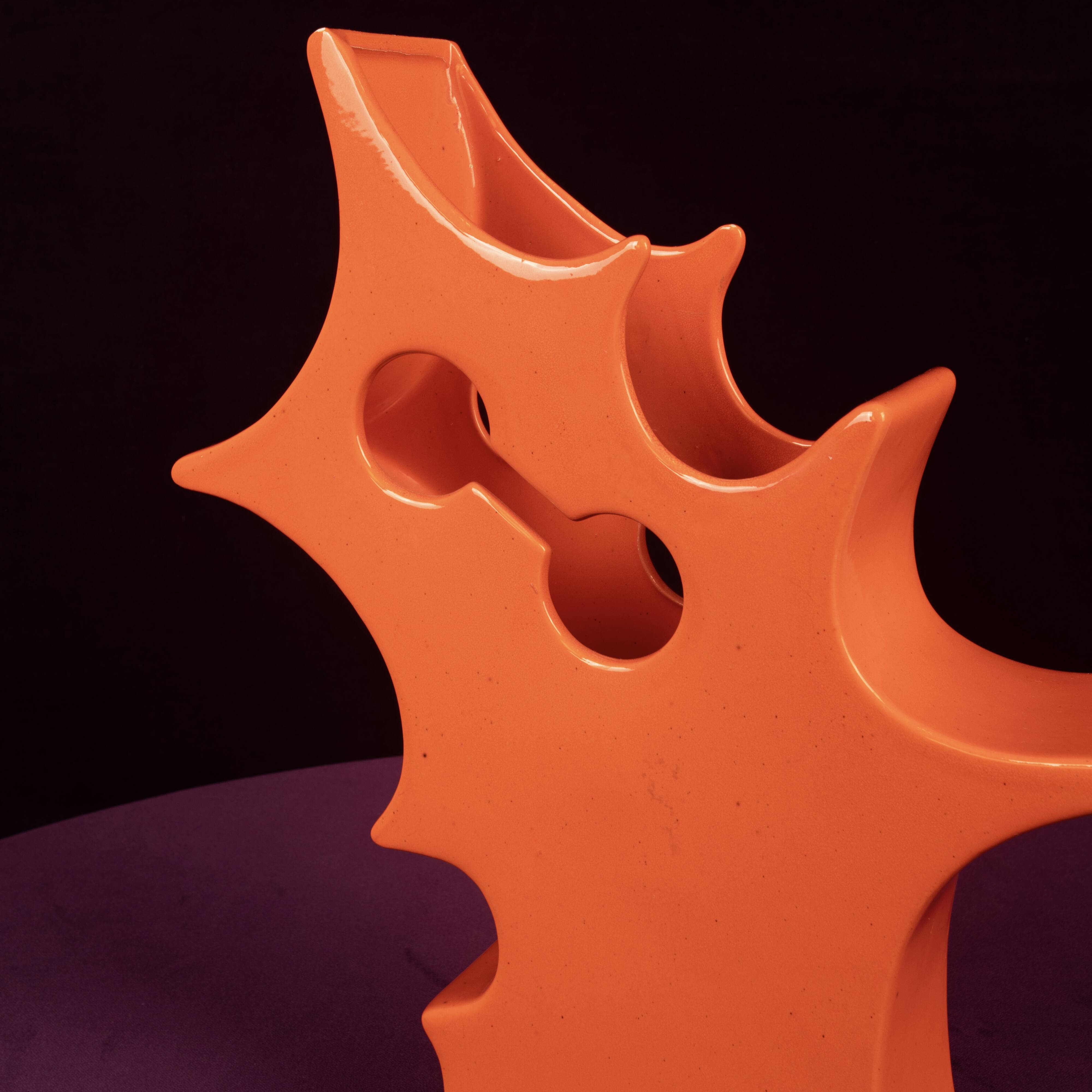 Abstract Orange Ceramic Sculptural Vase, Postmodern / Space Age, Italy, 1980