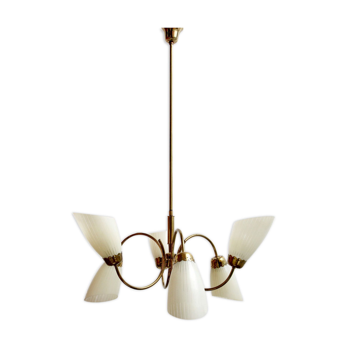 1950s chandelier in brass and glass