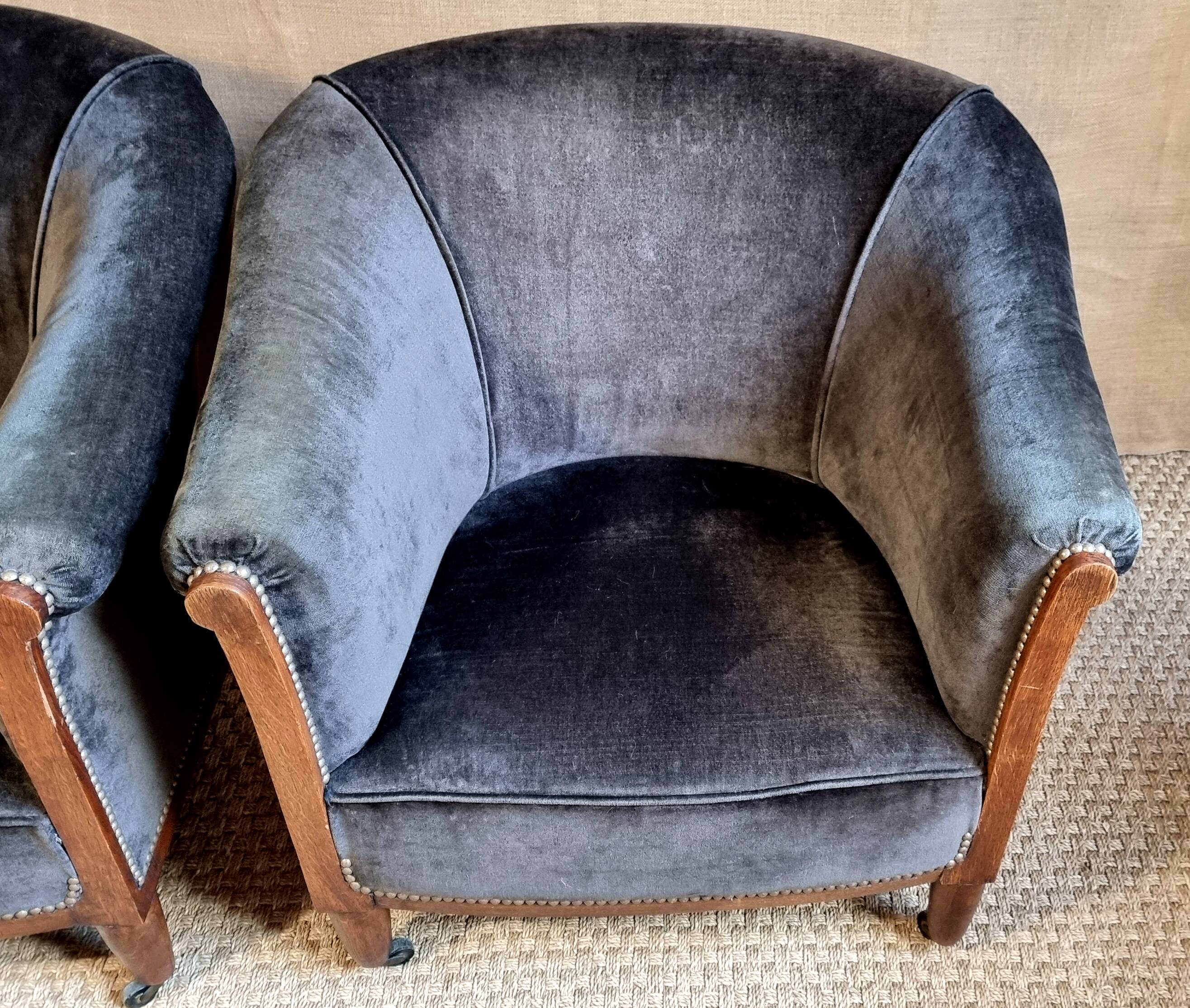 Pair of club armchairs called Monaco, studded velvet, art deco
