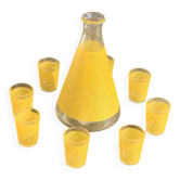 Liqueur service composed of a glass carafe and 8 small yellow screen-printed glasses