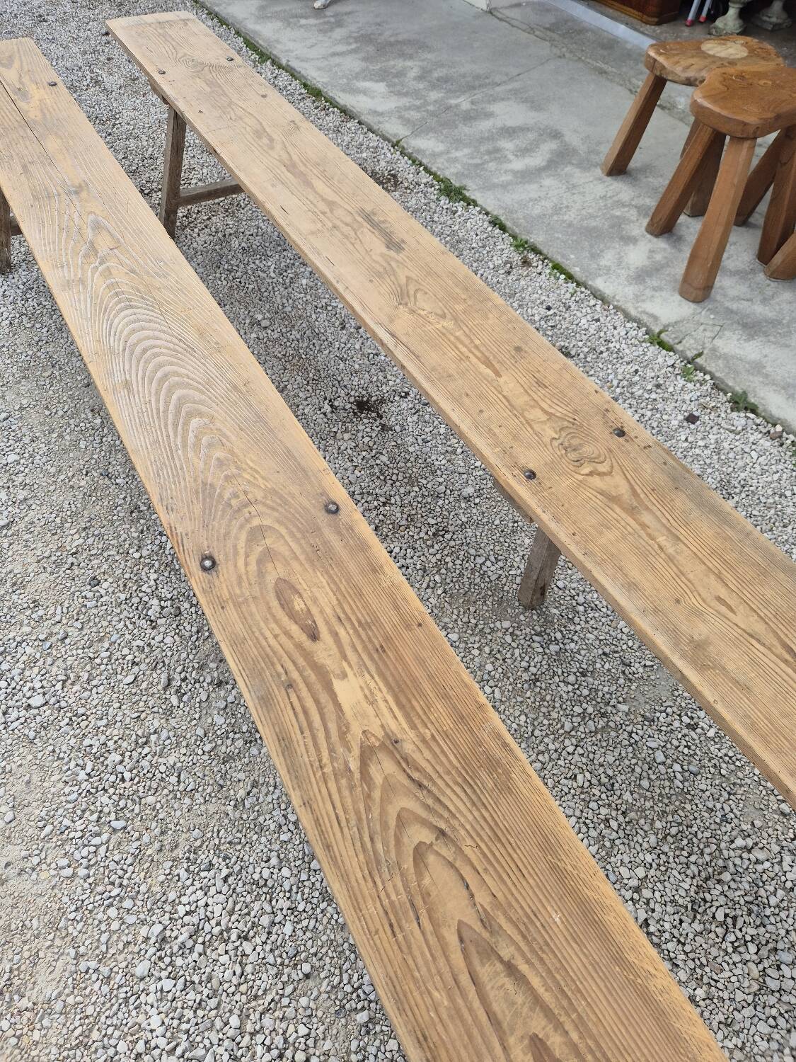 Pair of rustic oak and fir farmhouse benches 1900s - 3m85