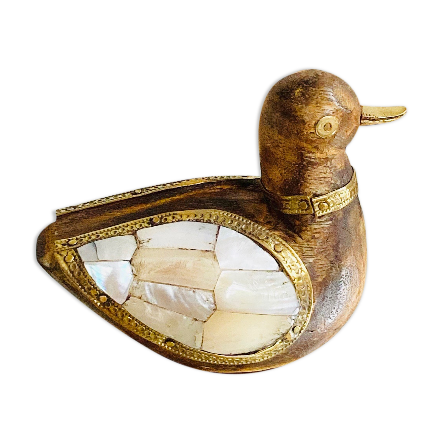 Wood brass duck and mother-of-pearl