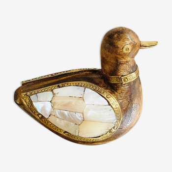 Wood brass duck and mother-of-pearl