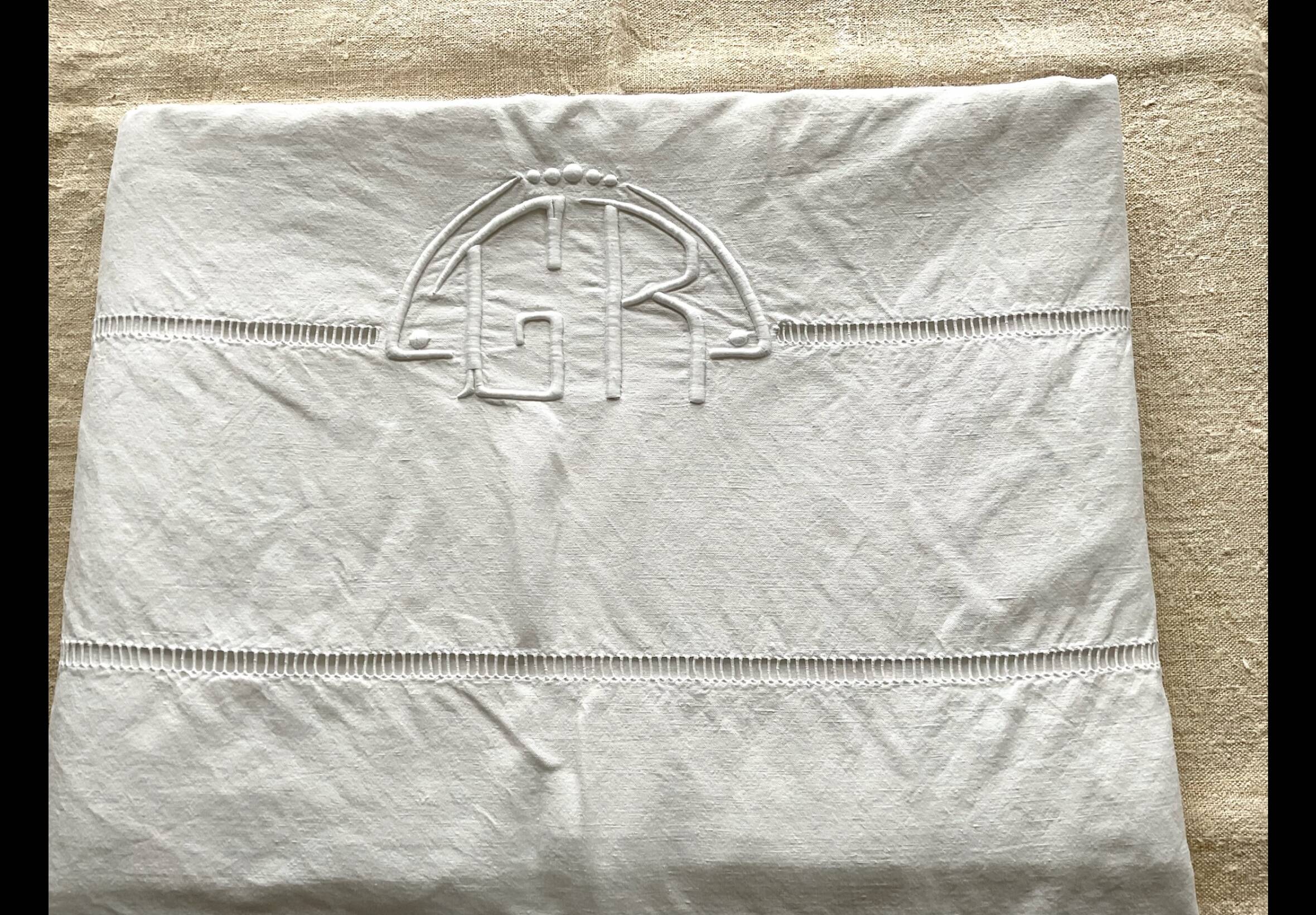 Antique linen sheet hand-embroidered with GR monogram