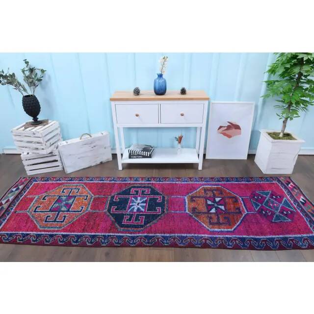 1970s vintage Turkish Oushak handmade wool runner 95x310