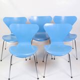 Set Of 5 Seven Chairs Model 3107 In Light Blue By Arne Jacobsen From 1980s