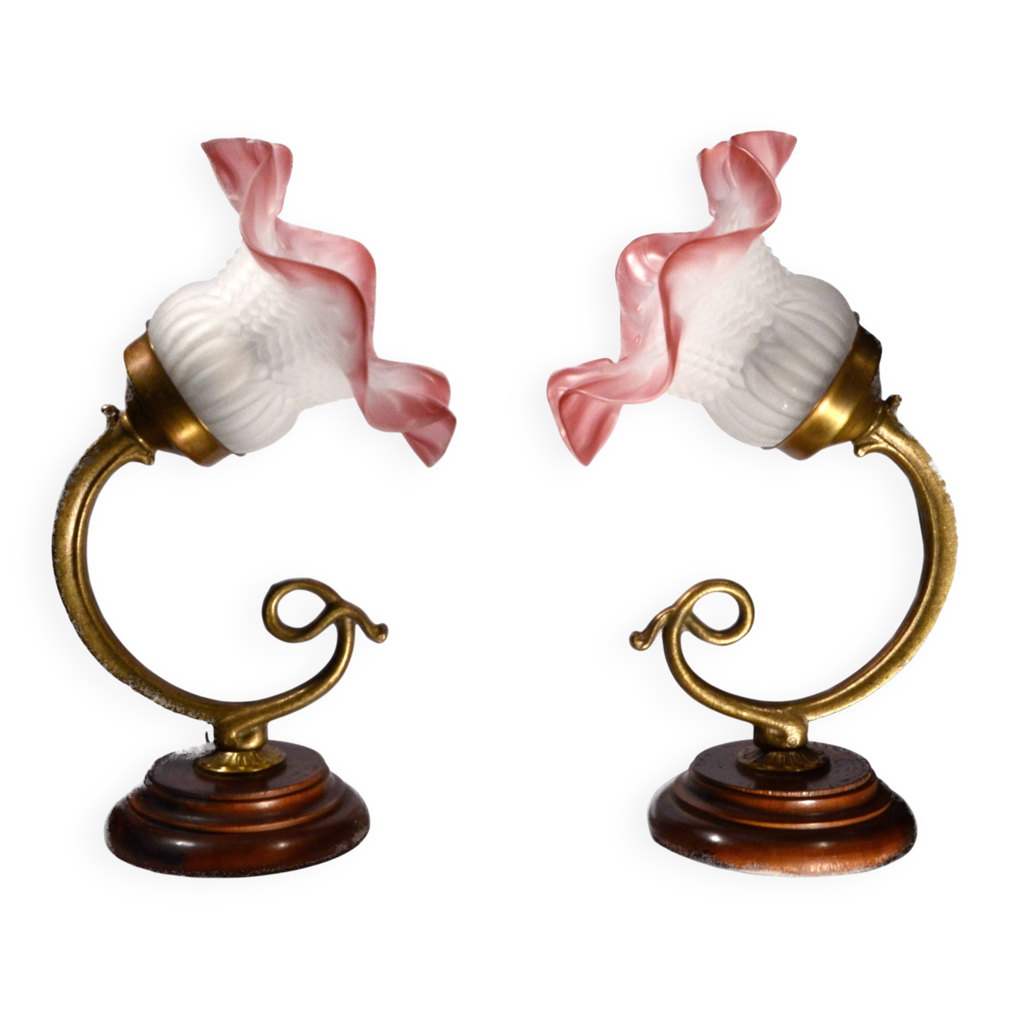 Set of 2 tulip-shaped wall lights in glass, wood, and bronze, art deco style.