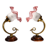 Set of 2 tulip-shaped wall lights in glass, wood, and bronze, art deco style.