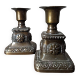 Pair of antique bronze candlesticks, bohemian country decor
