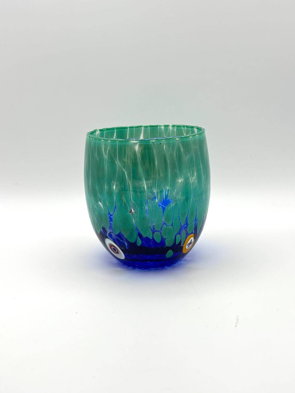 Set of 6 blown glass glasses from Venice with Effetre Murano murrine.