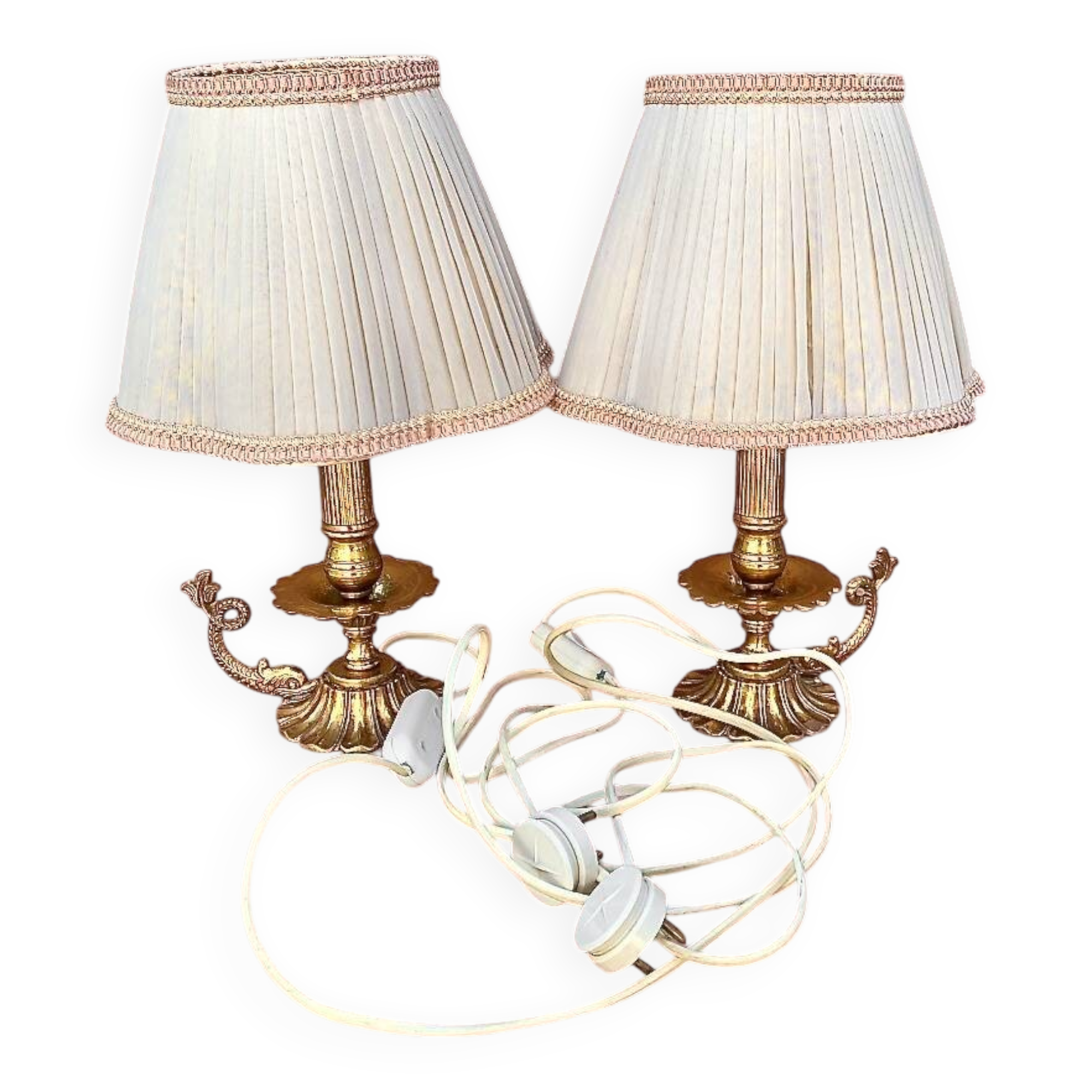 Pair of bedside or side fish lamps in gilded brass