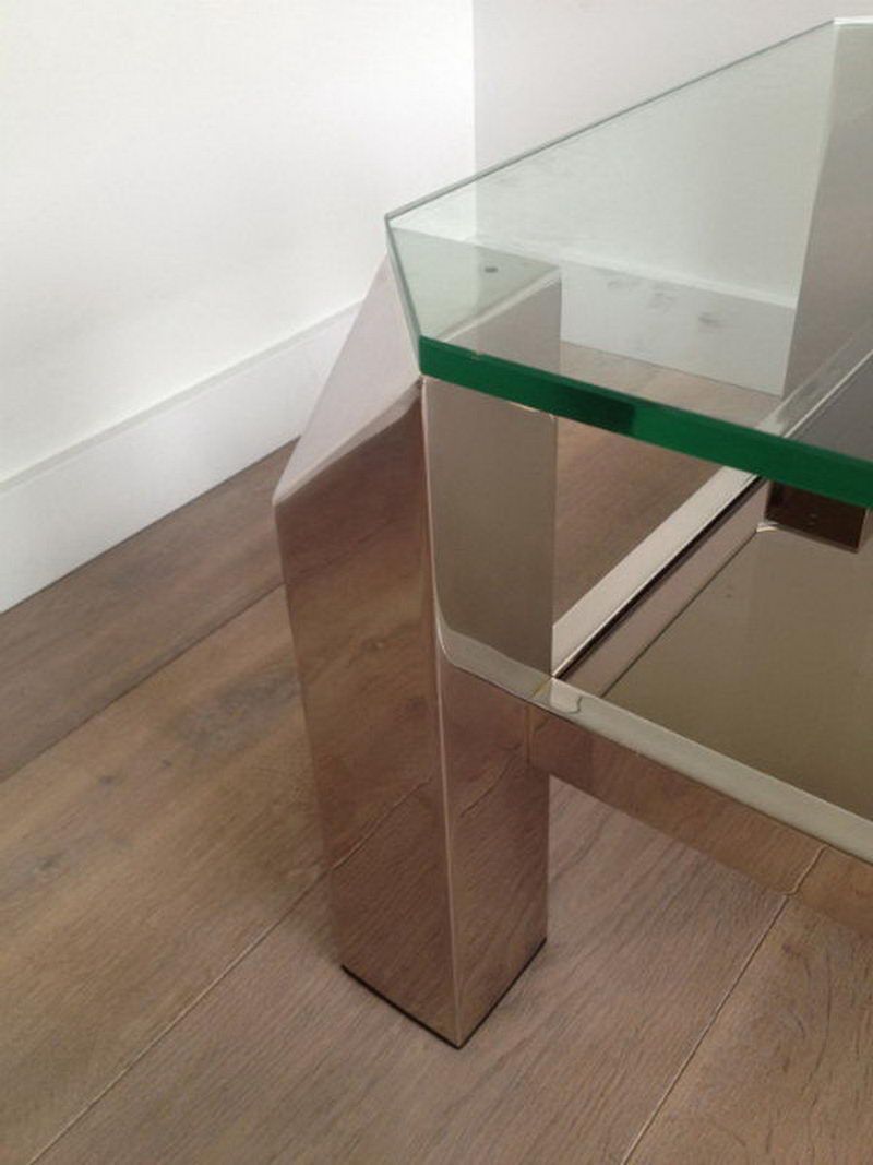 Table basse chromée à plateaux de verre et miroir