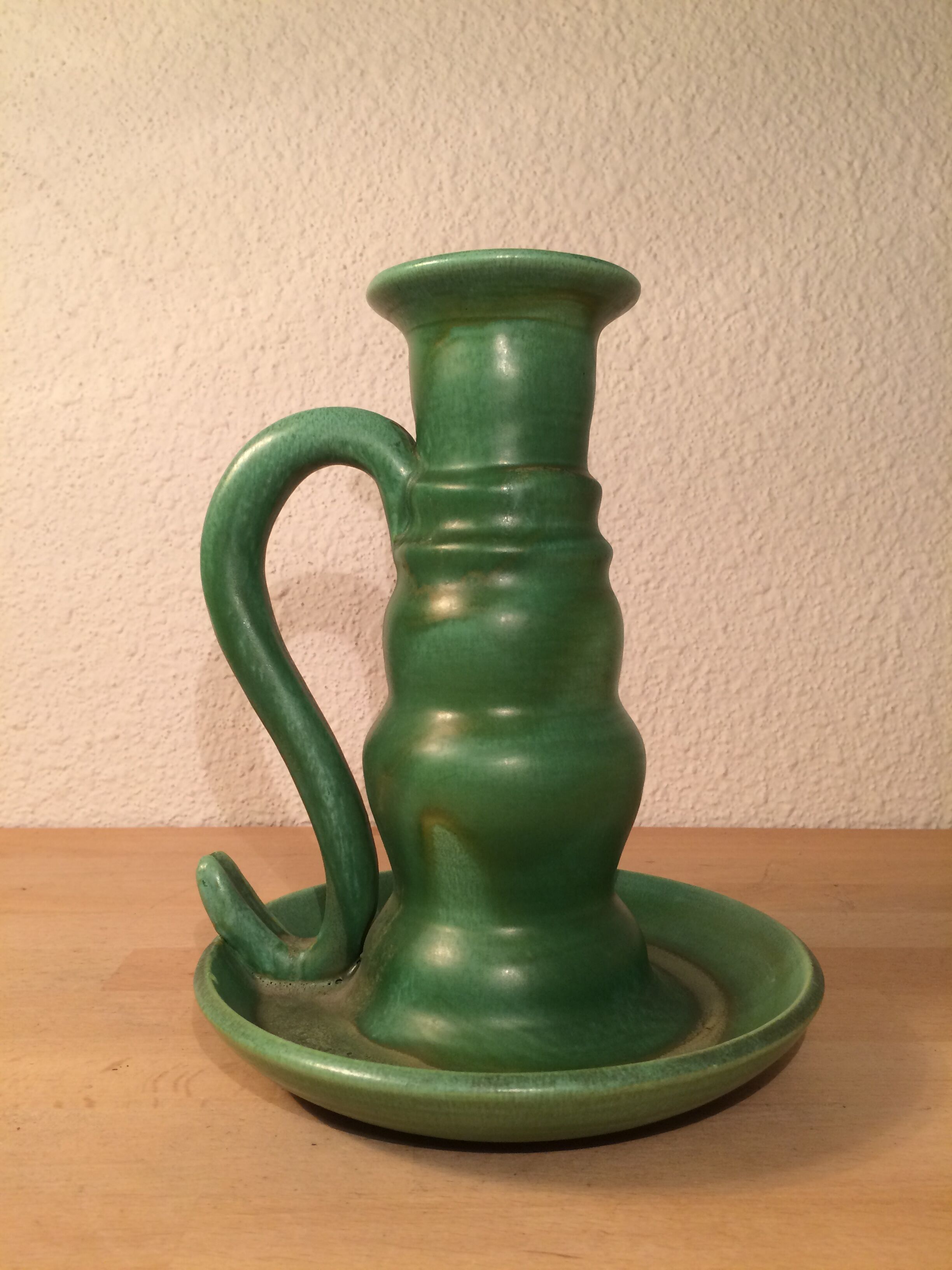 Green ceramic candle holder signed André Gallet, vintage