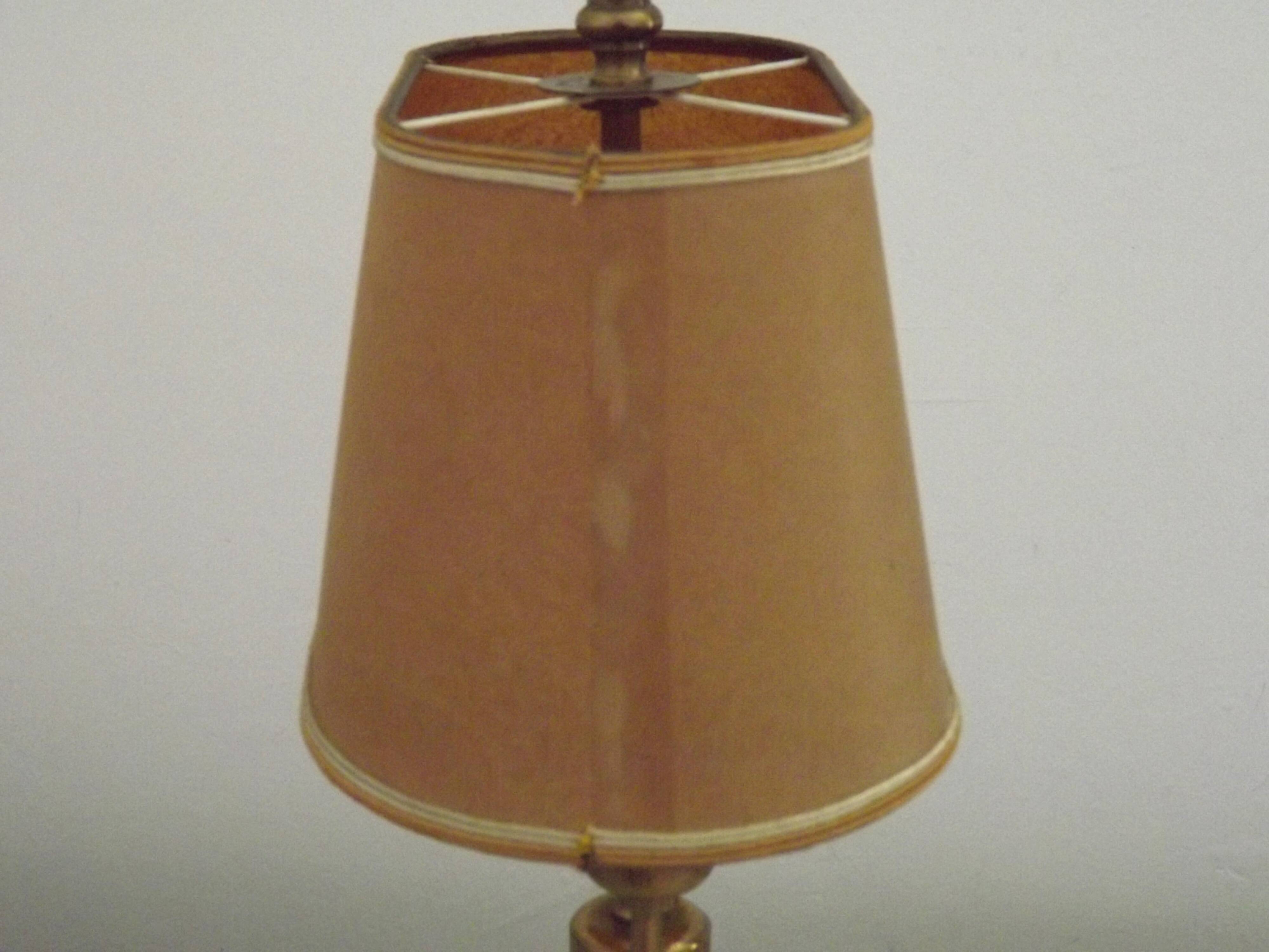 French Mid Century Brass Boulotte 2 Light Table Lamp Brown Shade