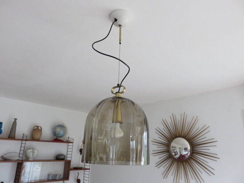 Peill & putzler suspension smoked glass and brass 70s