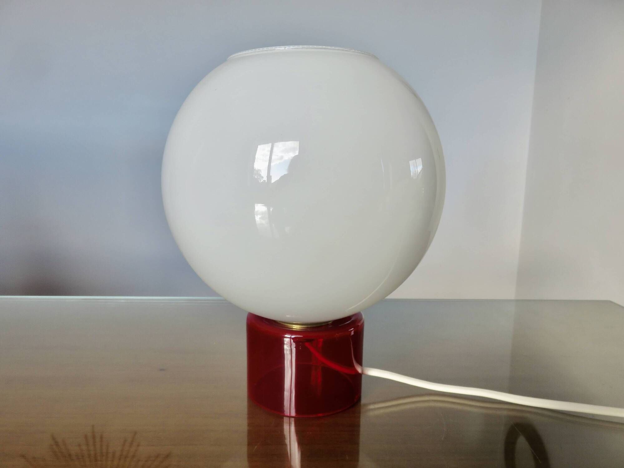 70s lamp in white opaline and translucent red glass