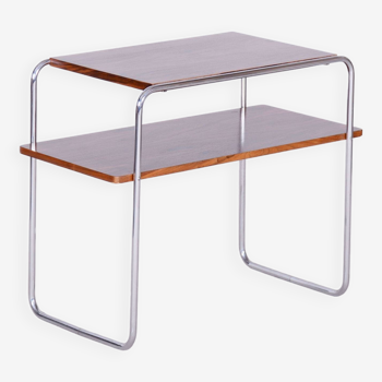 Restored Bauhaus Side Table, Hynek Gottwald, Walnut, Chrome, Czechia, 1930s