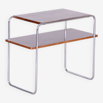 Table d'appoint Bauhaus restaurée, Hynek Gottwald, noyer, chrome, Tchéquie, années 1930