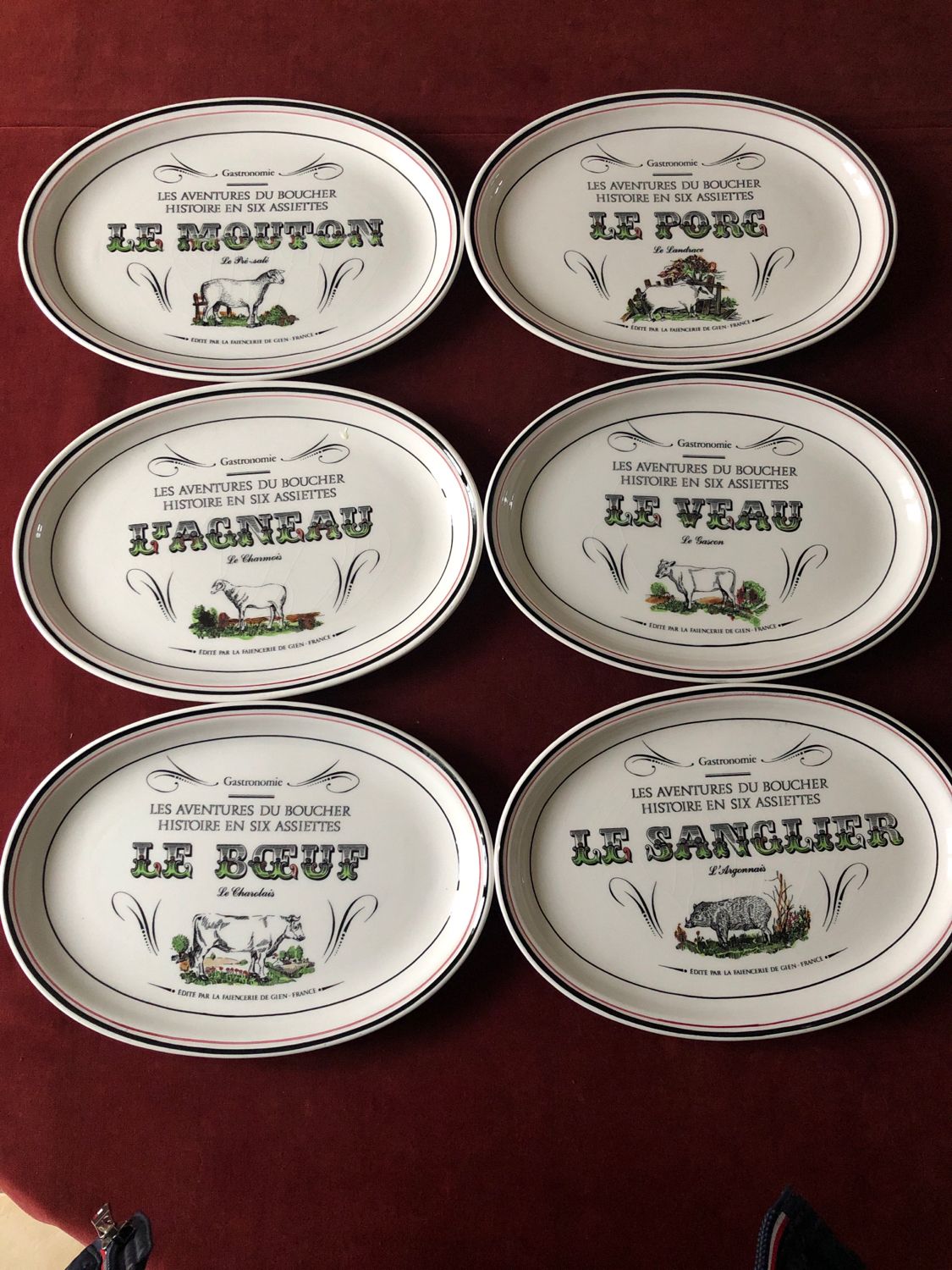 Ensemble 6 Assiettes à Fromage Gien - Porcelaine Française, Motif Les Amateurs, Diamètre 19cm, Occasion
