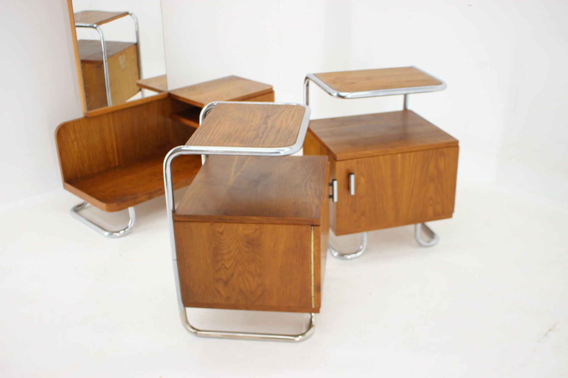 1950s Set of  Oak Bauhaus Mirror Cabinet and Bedside Tables, Czechoslovakia