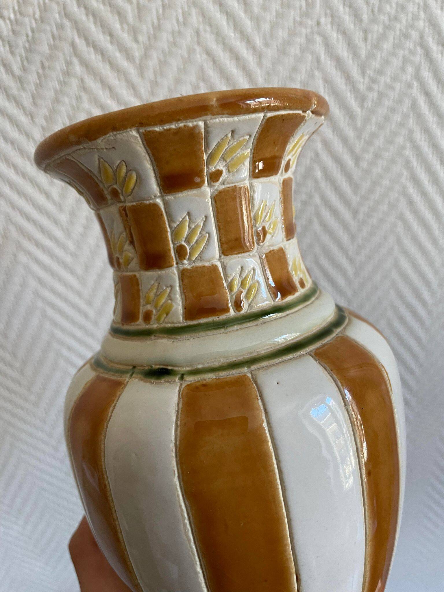 White and brown enamel vase Art Deco style