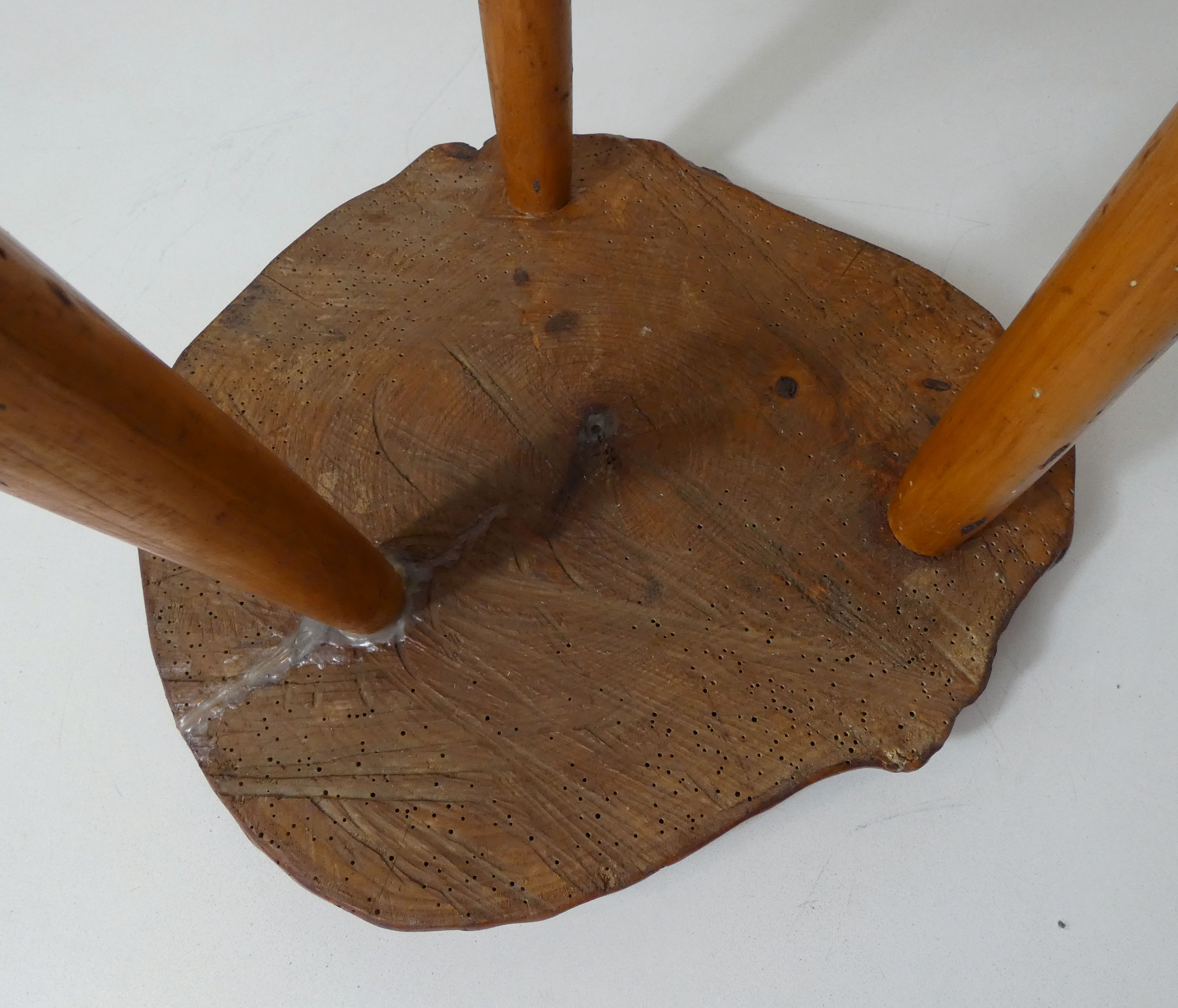 Brutalist side table tripod in vintage wood