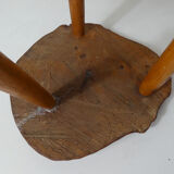 Brutalist side table tripod in vintage wood