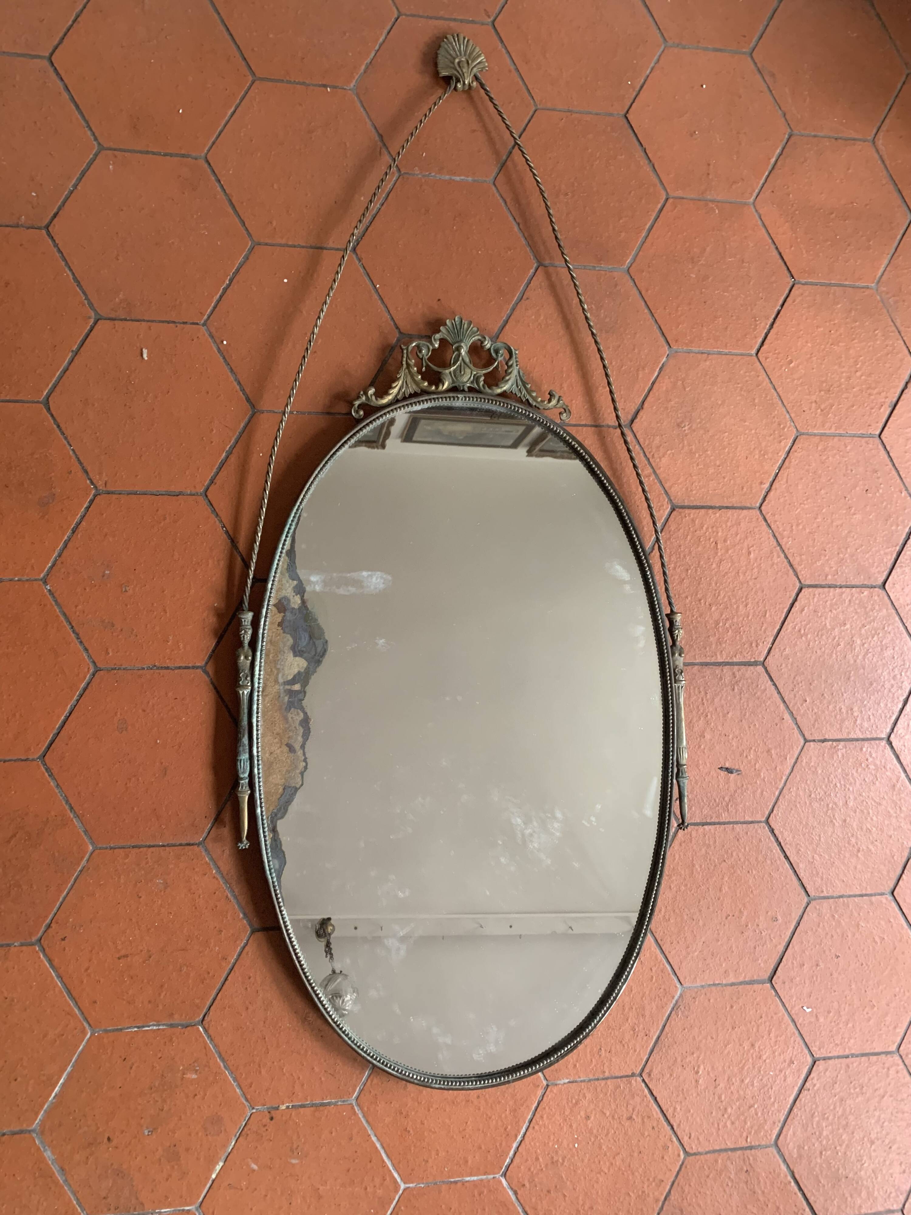 Large French Napoleon III Period Oval Bronze Wall Mirror, 19th Century