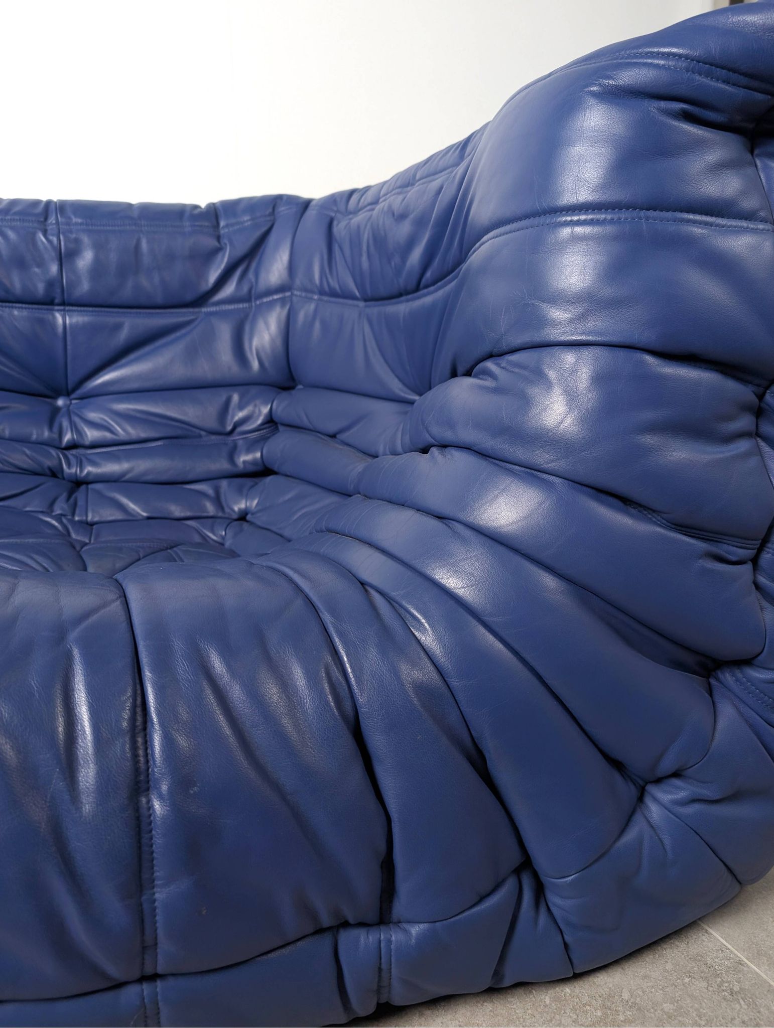 Michel Ducaroy Ligne Roset Blue Leather Togo Corner Sofa France 1980s