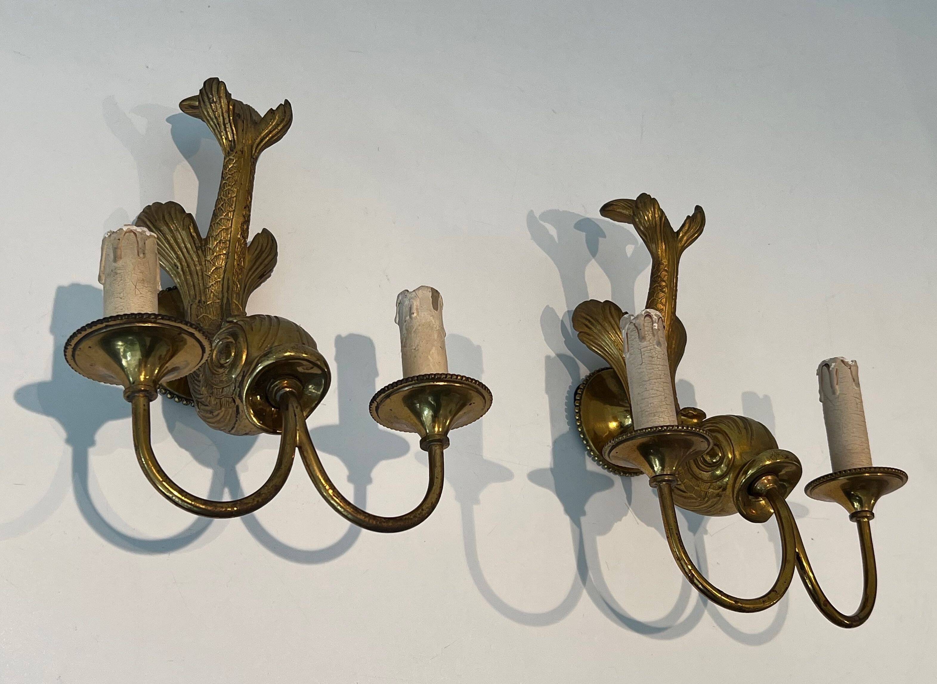 Pair of bronze wall sconces with dolphins by Maison Jansen