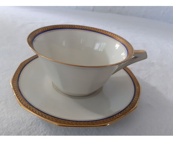 Tasse et sous tasse bleu de four et or porcelaine Limoges | Selency
