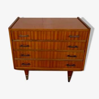 Commode vintage à 4 tiroirs poignées bakélite pieds fuseau année 1960