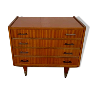 Commode vintage à 4 tiroirs poignées bakélite pieds fuseau année 1960