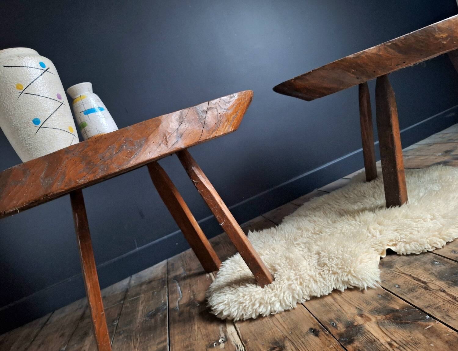 Brutalist tripod coffee tables, vintage furniture