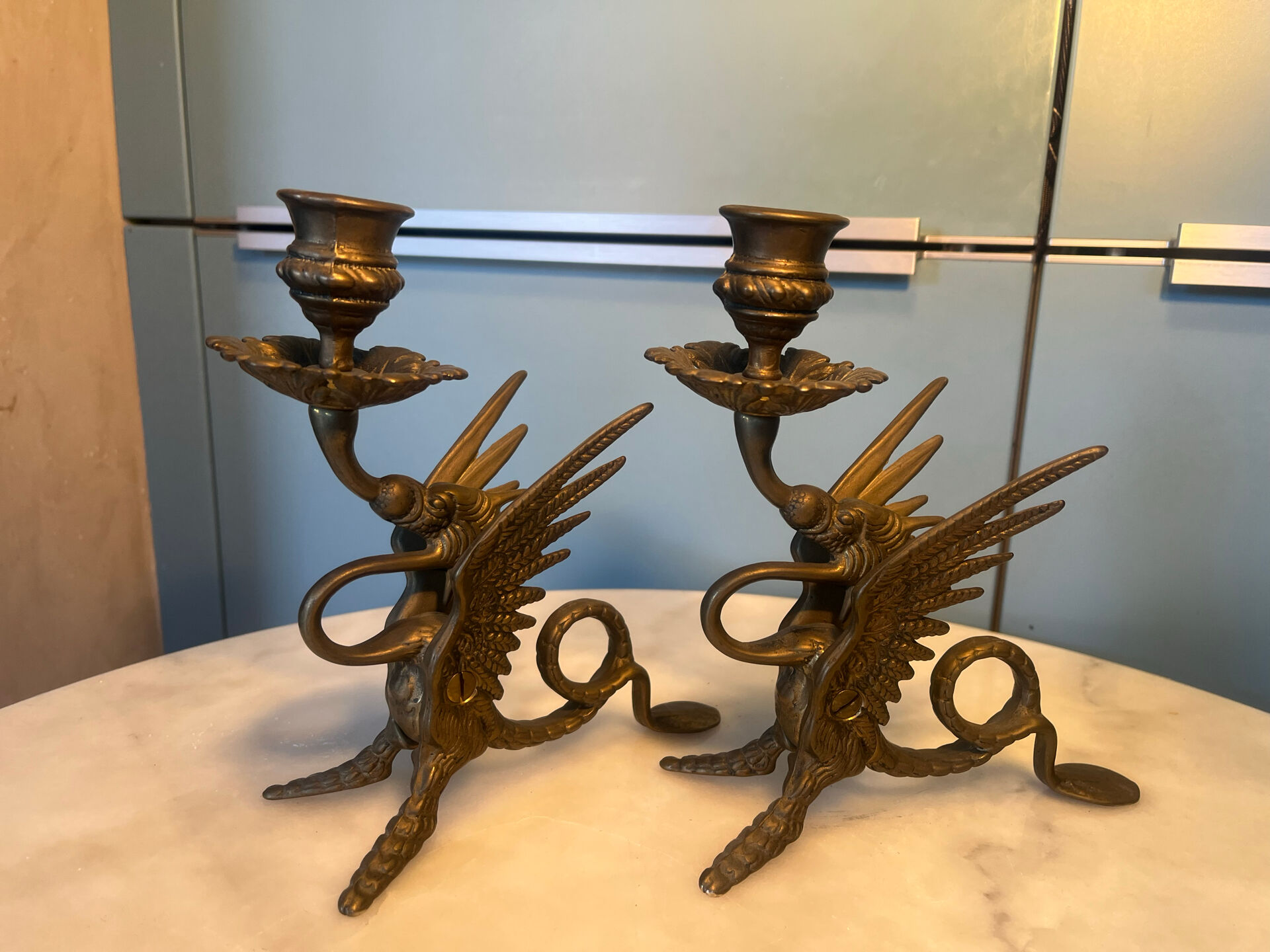 Pair of chimera candlesticks