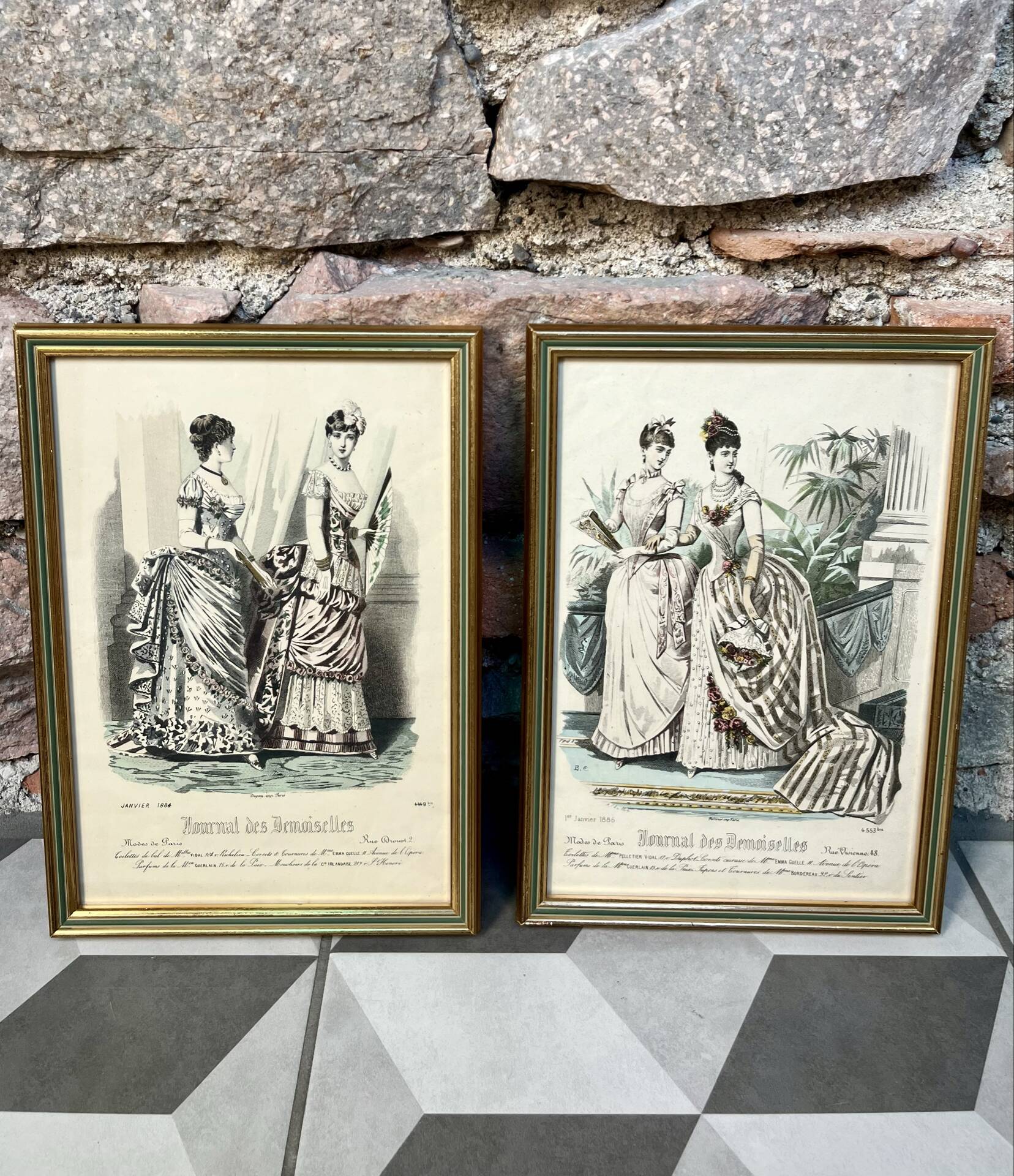 Pair of framed fashion engravings from the 19th century.