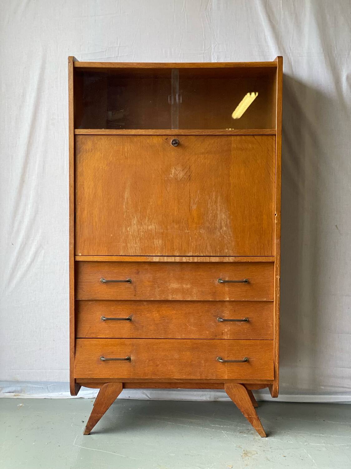 Vintage Scandinavian wooden secretary with display cabinet, desk and drawers