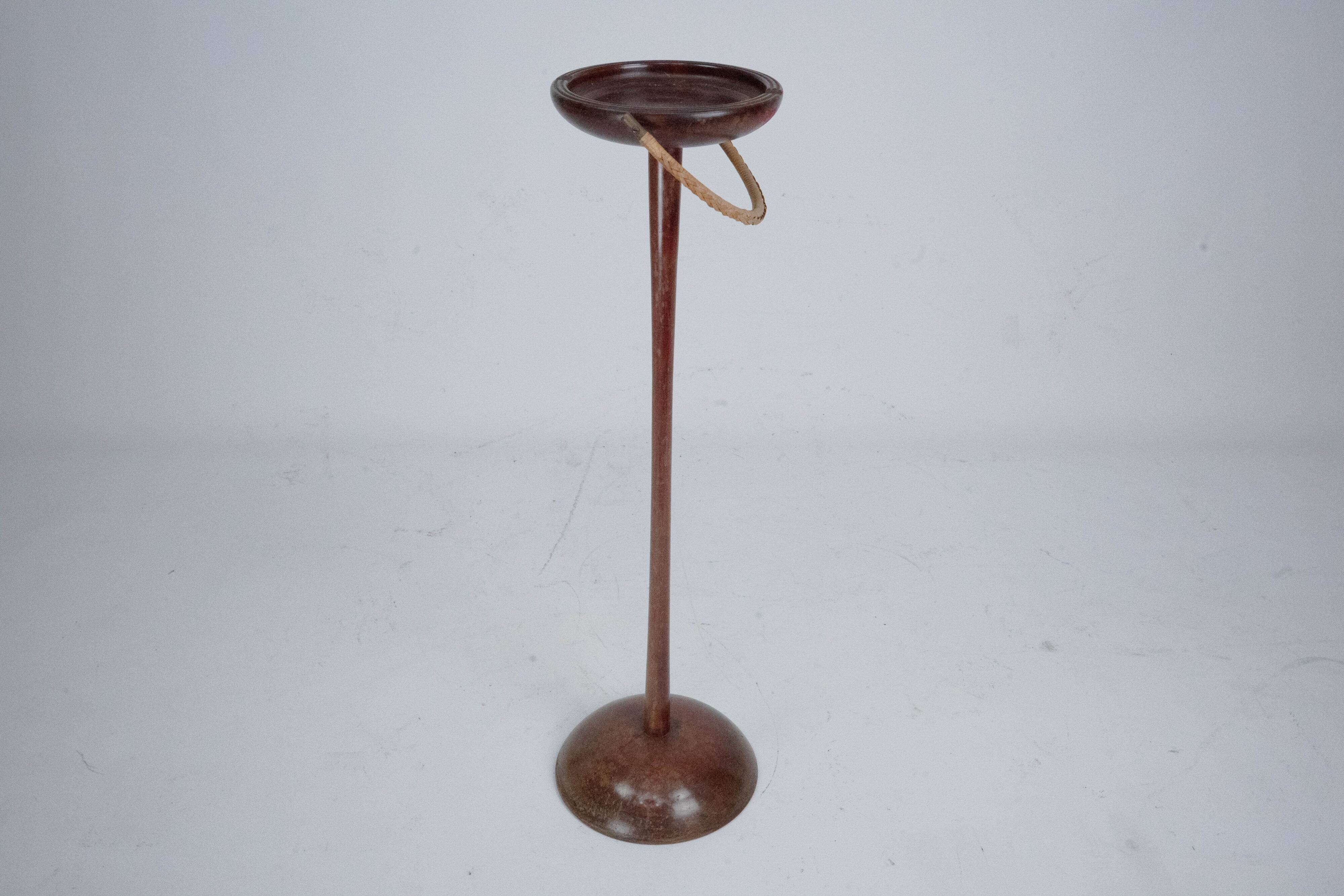 Vintage Wooden Ashtray Stand with Braided Leather Handle. Italy 1950s